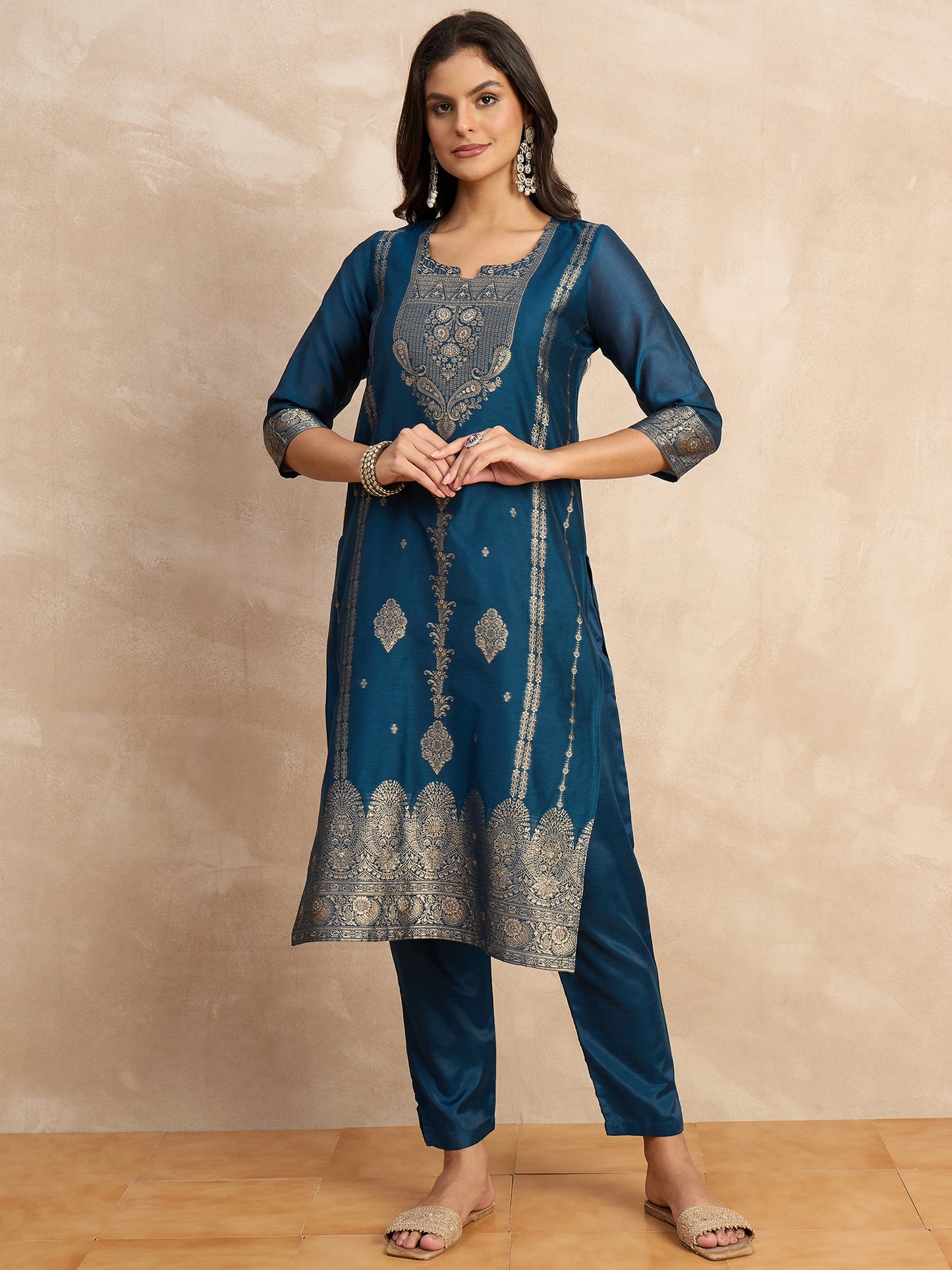 Dhiyona VV Paneri Teal blue Women's Silk Blend Banarasi Jacquard Zari Woven Straight Kurta Pant with Dupatta Set