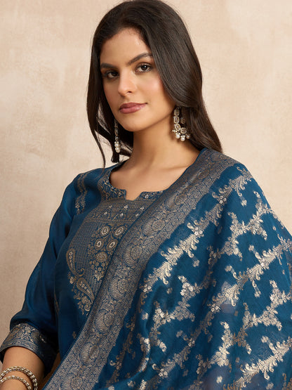 Dhiyona VV Paneri Teal blue Women's Silk Blend Banarasi Jacquard Zari Woven Straight Kurta Pant with Dupatta Set
