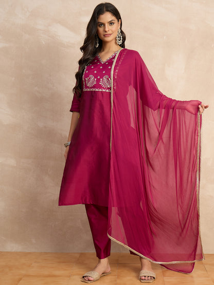 Dhiyona VV Aakar Purple Women's Silk Blend Embroidery Kurta Pant Set with Dupatta