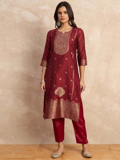 Dhiyona VV Paneri Red Women's Silk Blend Banarasi Jacquard Zari Woven Straight Kurta Pant with Dupatta Set