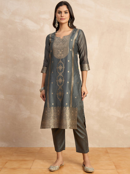 Dhiyona VV Paneri Grey Women's Silk Blend Banarasi Jacquard Zari Woven Straight Kurta Pant with Dupatta Set