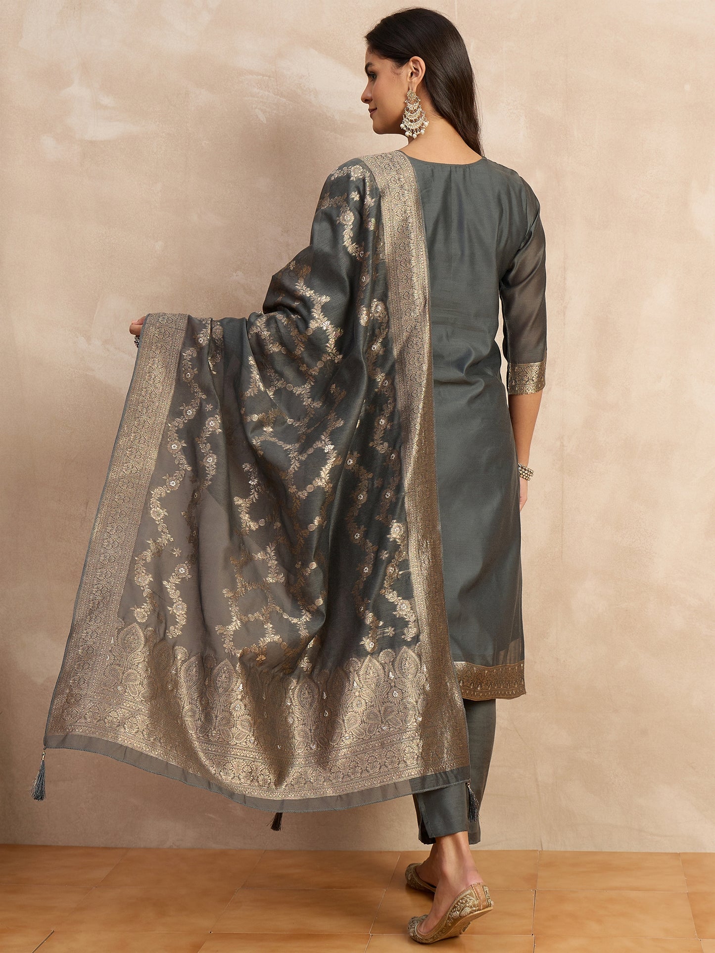Dhiyona VV Paneri Grey Women's Silk Blend Banarasi Jacquard Zari Woven Straight Kurta Pant with Dupatta Set
