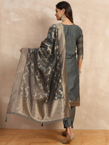 Dhiyona VV Paneri Grey Women's Silk Blend Banarasi Jacquard Zari Woven Straight Kurta Pant with Dupatta Set