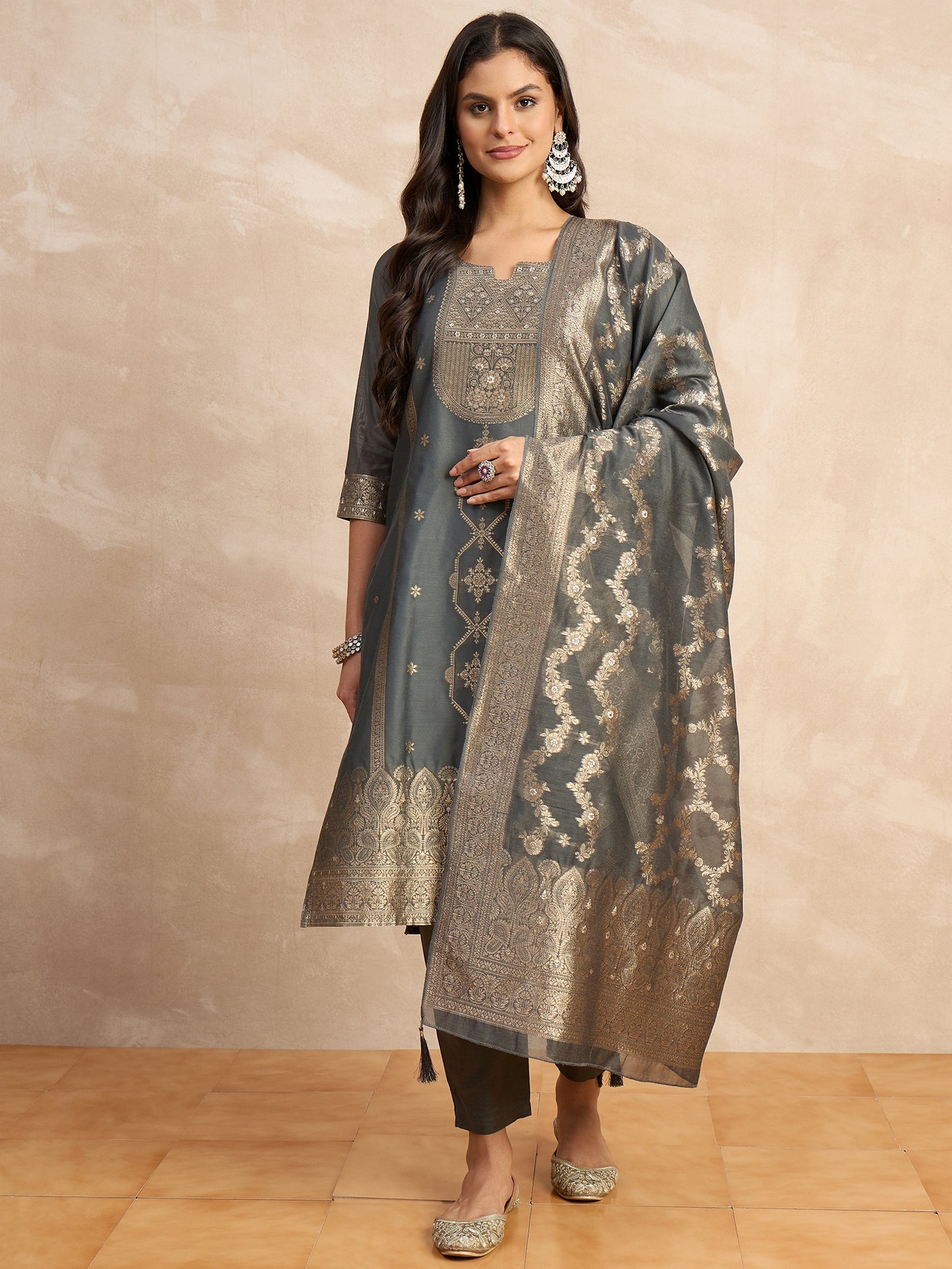 Dhiyona VV Paneri Grey Women's Silk Blend Banarasi Jacquard Zari Woven Straight Kurta Pant with Dupatta Set