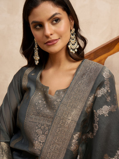 Dhiyona VV Paneri Grey Women's Silk Blend Banarasi Jacquard Zari Woven Straight Kurta Pant with Dupatta Set