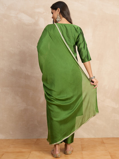 Dhiyona VV Aakar Light Green Women's Silk Blend Embroidery Kurta Pant Set with Dupatta