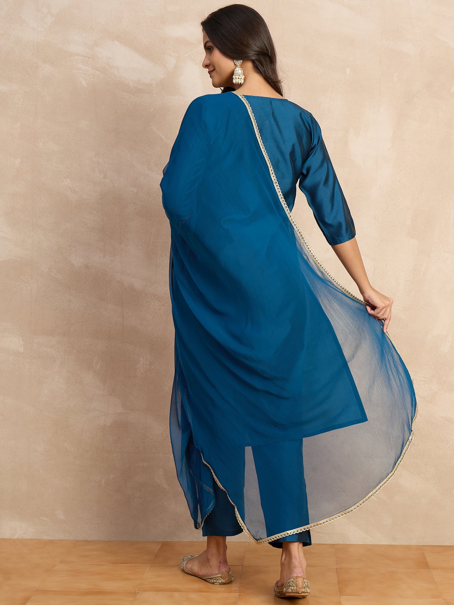 Dhiyona VV Aakar Teal Women's Silk Blend Embroidery Kurta Pant Set with Dupatta