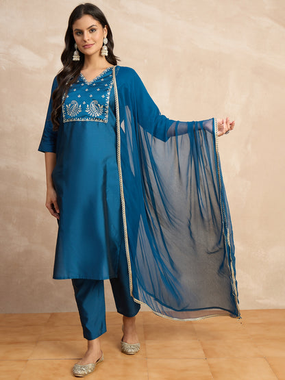 Dhiyona VV Aakar Teal Women's Silk Blend Embroidery Kurta Pant Set with Dupatta