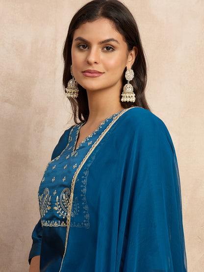 Dhiyona VV Aakar Teal Women's Silk Blend Embroidery Kurta Pant Set with Dupatta