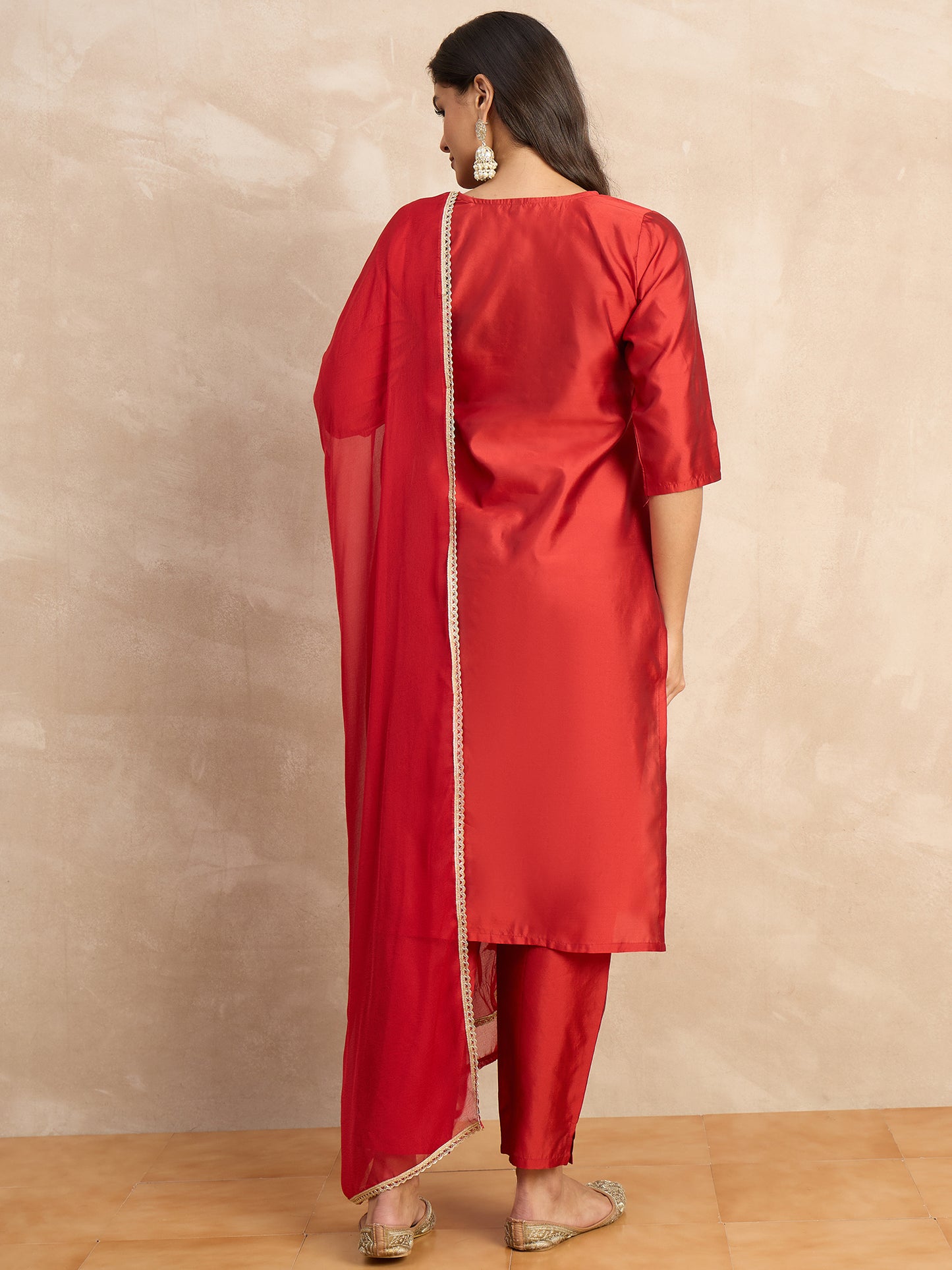 Dhiyona VV Aakar Red Women's Silk Blend Embroidery Kurta Pant Set with Dupatta