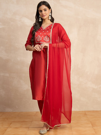Dhiyona VV Aakar Red Women's Silk Blend Embroidery Kurta Pant Set with Dupatta