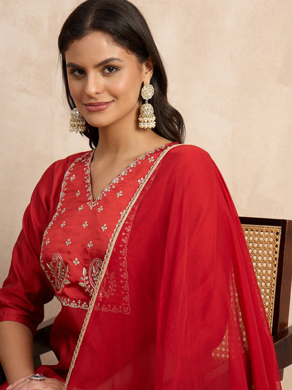 Dhiyona VV Aakar Red Women's Silk Blend Embroidery Kurta Pant Set with Dupatta