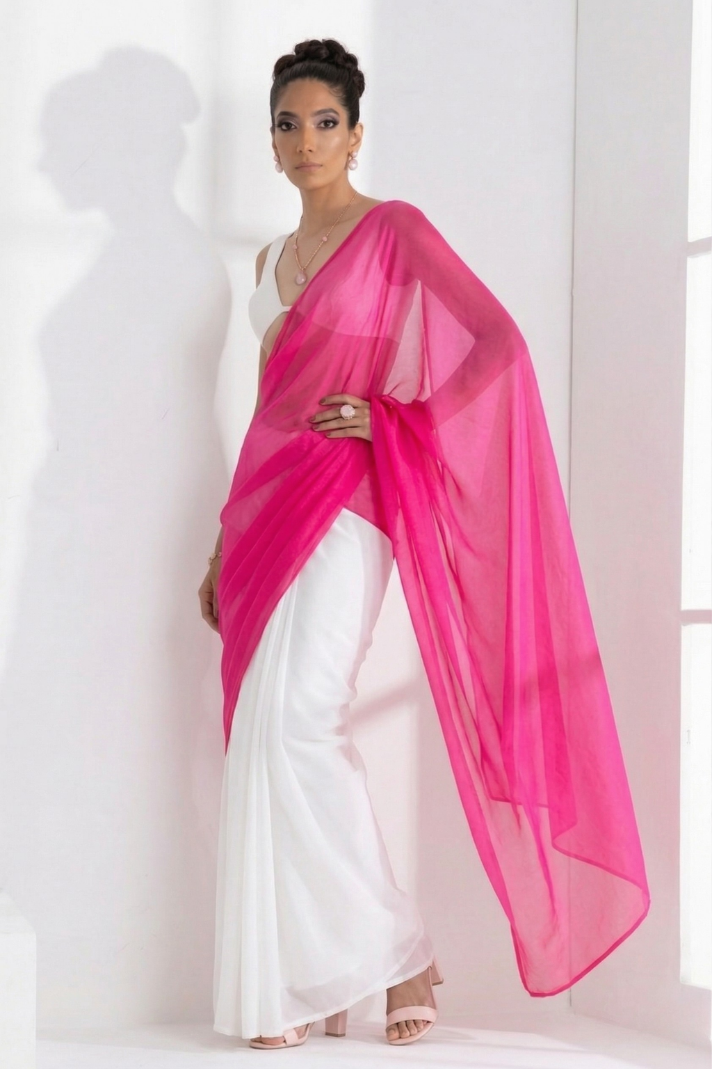 Dhiyona ST White and Neon Pink Saree with Blouse Fabric
