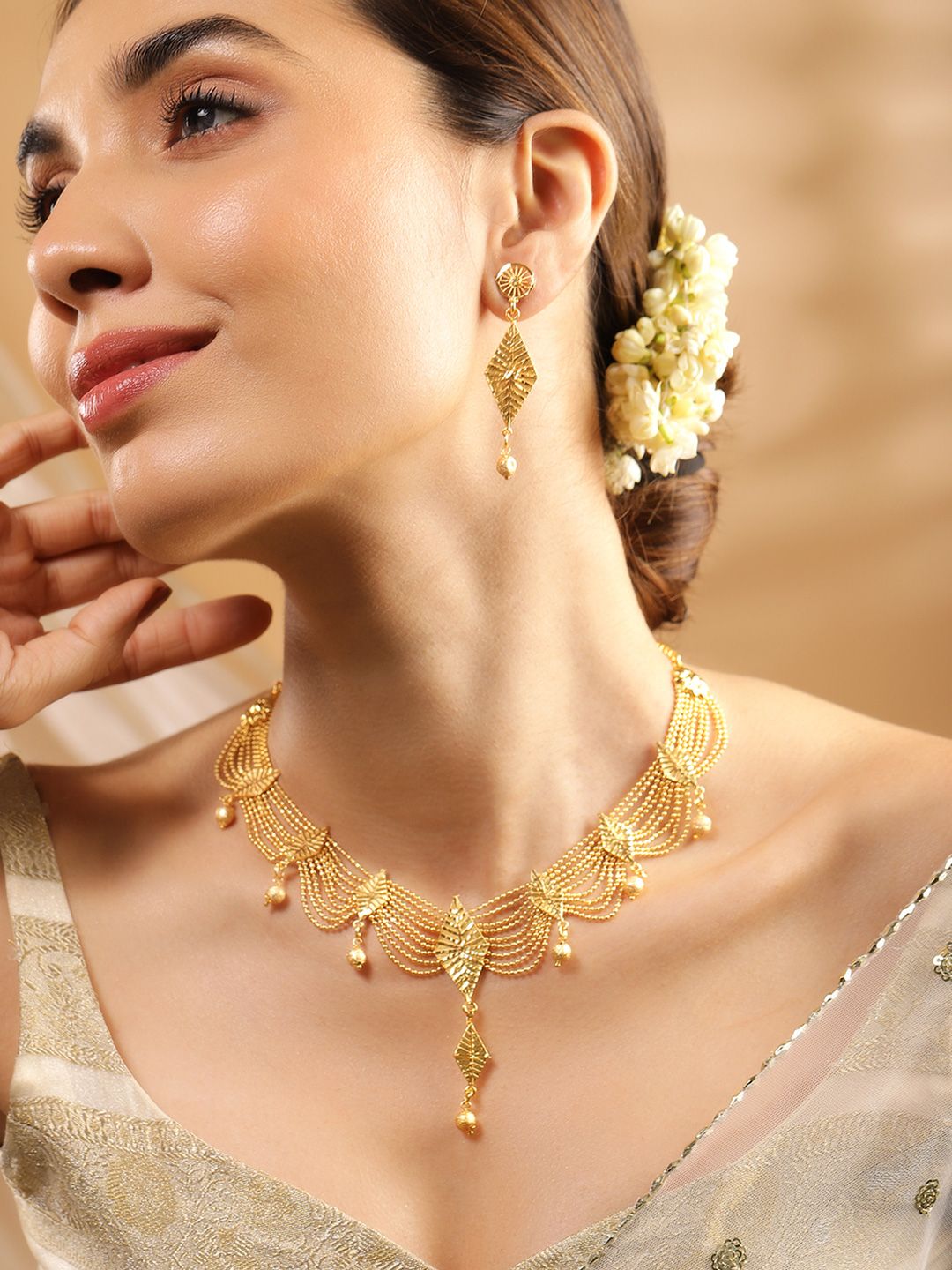 Dhiyona RJ Women's 22K Gold Plated multilayered Leaf Design Necklace Set with Matching Earrings