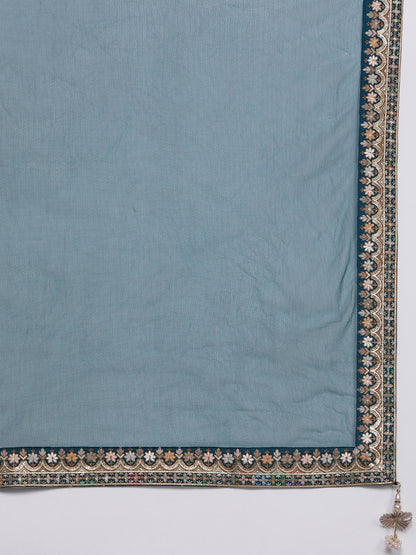 Women Teal Floral Embroidered Sequinned Pure Silk Kurta with Sharara & With Dupatta