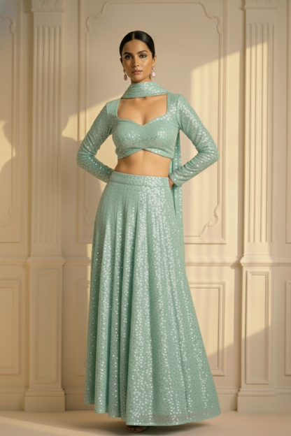 Dhiyona ST 3 pc Set - Candy Mint Sequin Lehenga with Dupatta with Blouse Fabric