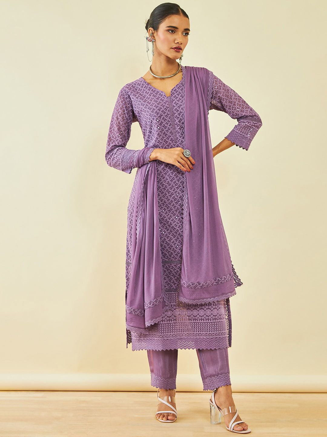 Dhiyona SO Women's Ethnic Motifs Embroidered Straight Kurta & Trousers With Dupatta