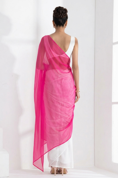 Dhiyona ST White and Neon Pink Saree with Blouse Fabric