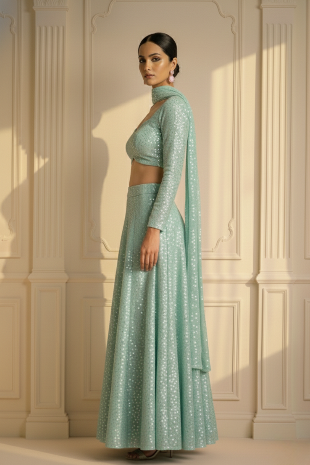 Dhiyona ST 3 pc Set - Candy Mint Sequin Lehenga with Dupatta with Blouse Fabric