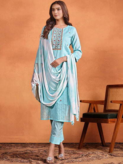 Women's Pure Cotton Straight Embroidered Kurta Pant With Dupatta Set