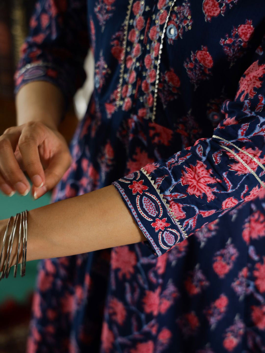 Floral Printed V-Neck Gotta Patti Pure Cotton A-Line Kurta With Trouser & Dupatta