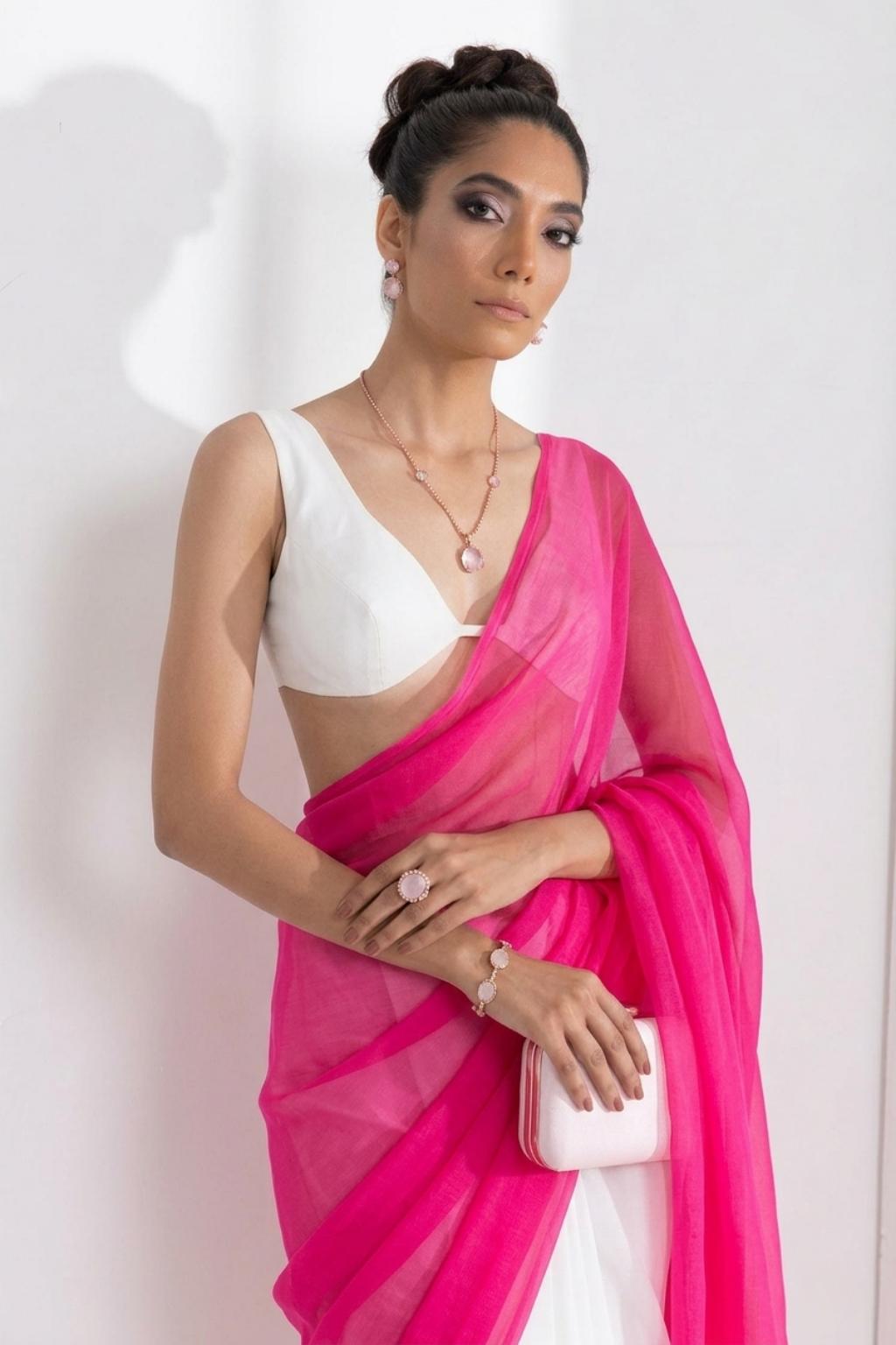 Dhiyona ST White and Neon Pink Saree with Blouse Fabric