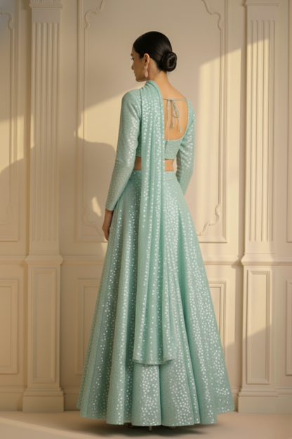 Dhiyona ST 3 pc Set - Candy Mint Sequin Lehenga with Dupatta with Blouse Fabric