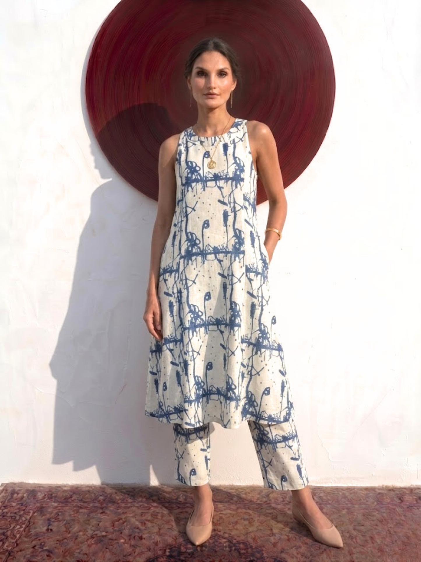 Dhiyona ST 2 pc SET - Cream and Blue Printed Linen Sleeveless Kurta and Pant