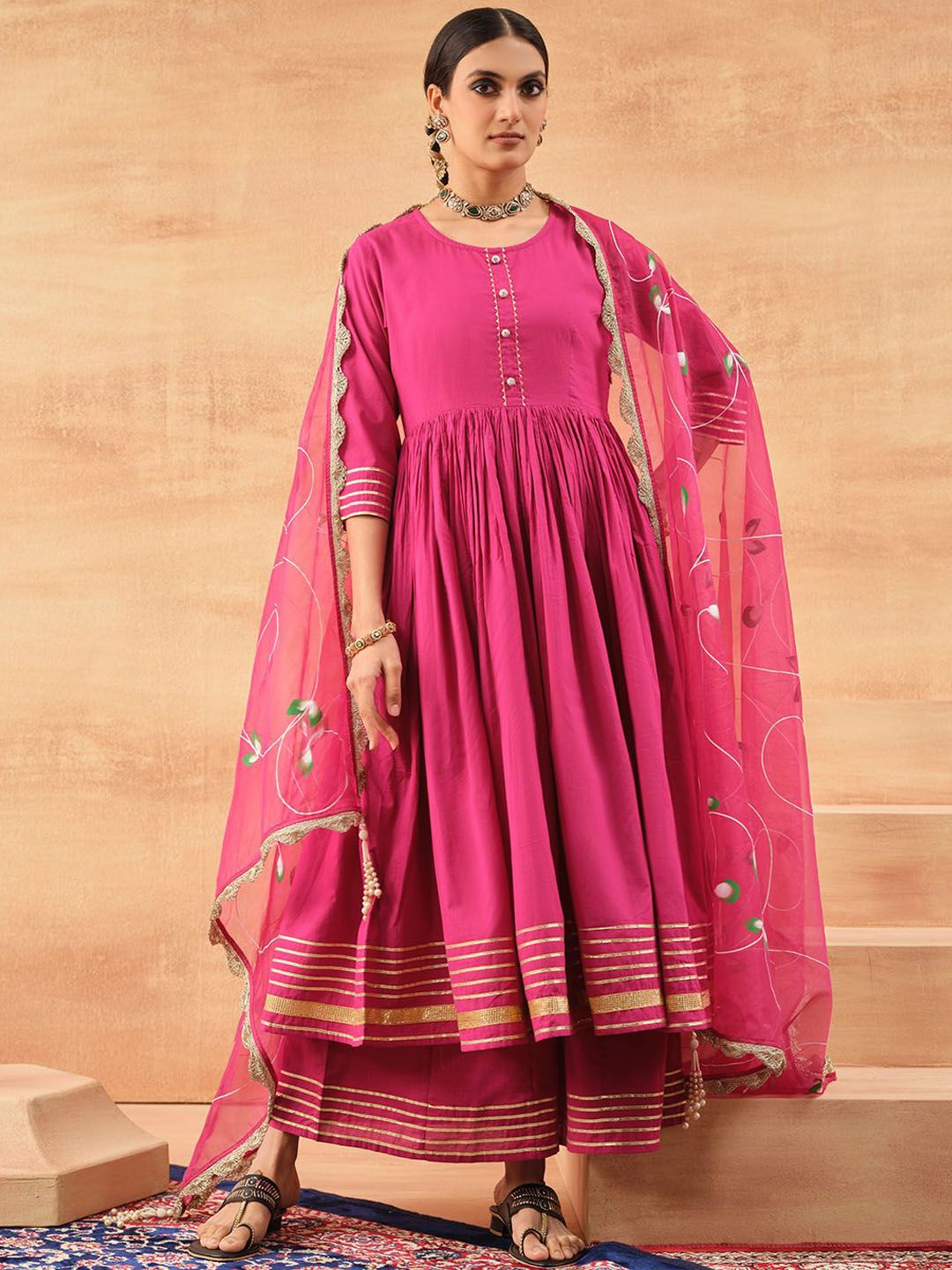 Dhiyona IS Women's Floral Printed Gotta Patti High Slit Pure Cotton Kurta With Trousers & Dupatta