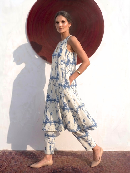 Dhiyona ST 2 pc SET - Cream and Blue Printed Linen Sleeveless Kurta and Pant