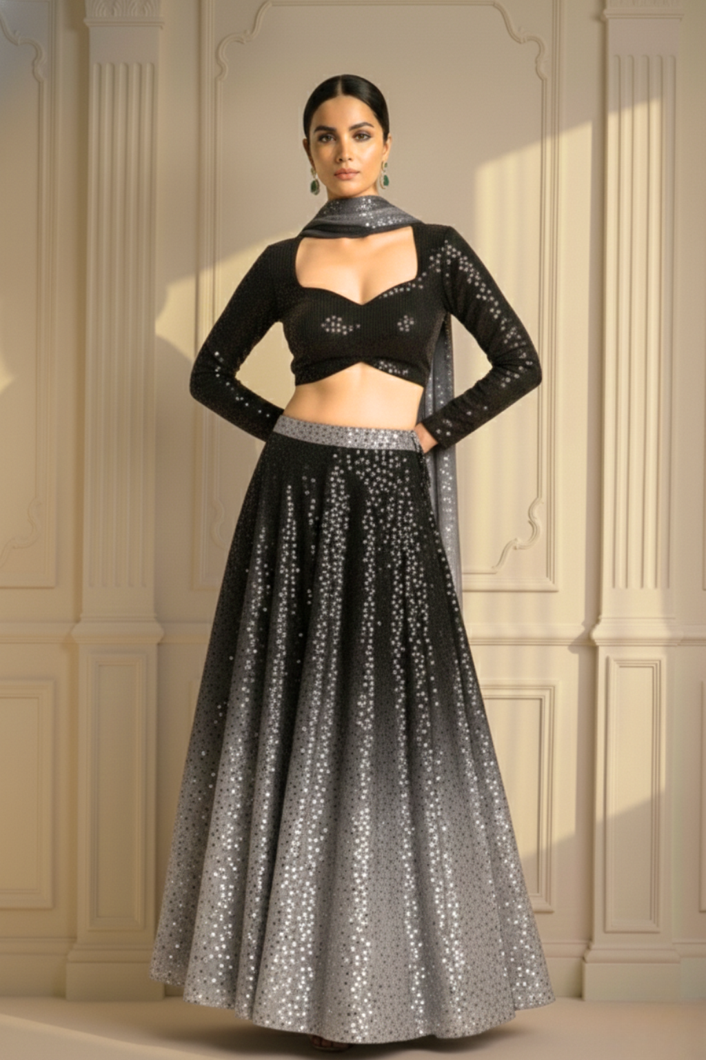 Dhiyona ST 3 pc Set - Black and Grey Ombre' Knitted Sequin Lehenga with Dupatta with Blouse Fabric
