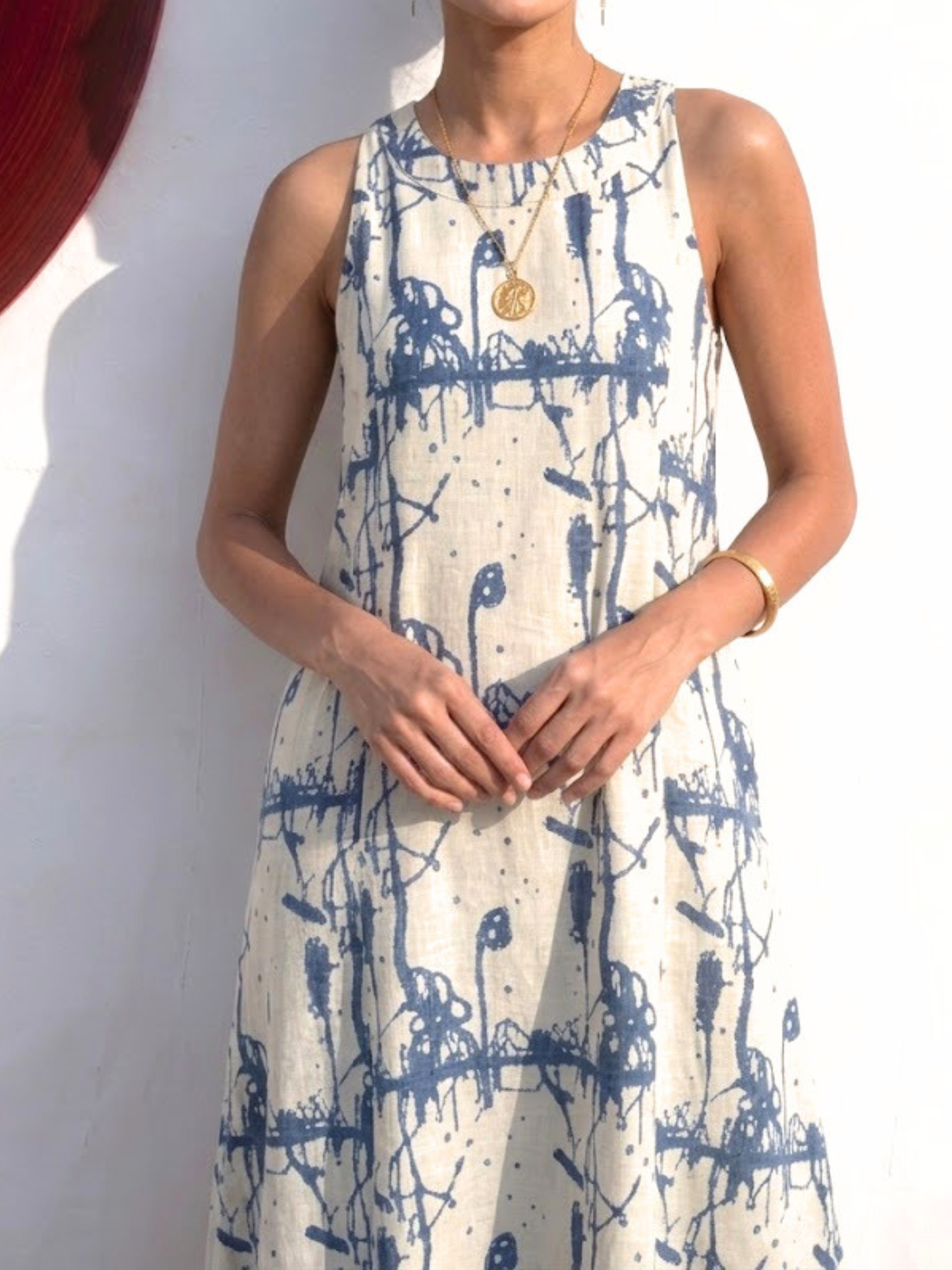 Dhiyona ST 2 pc SET - Cream and Blue Printed Linen Sleeveless Kurta and Pant