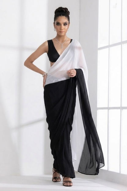 Dhiyona ST Black and White Georgette Triangle Saree with Blouse Fabric