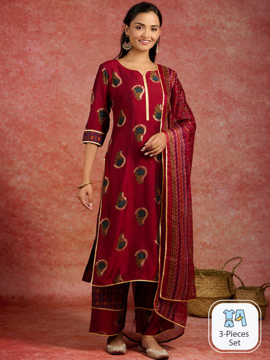 Paisley Printed Gotta Patti Straight Kurta With Palazzos & Dupatta