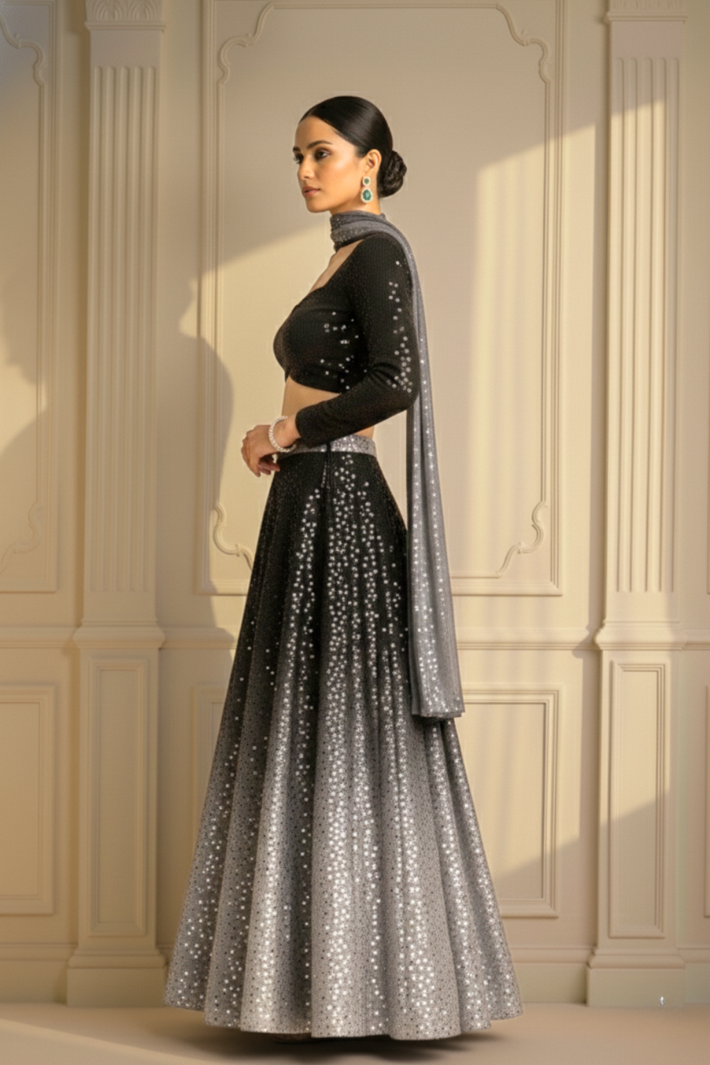 Dhiyona ST 3 pc Set - Black and Grey Ombre' Knitted Sequin Lehenga with Dupatta with Blouse Fabric