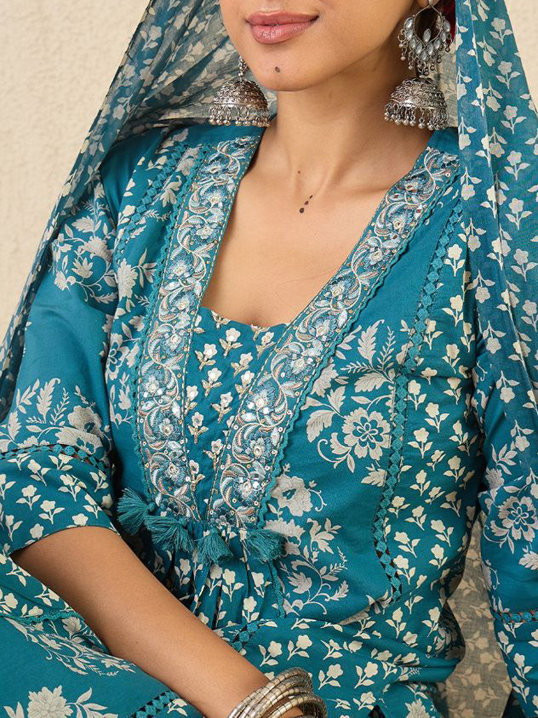 Ethnic Motifs Printed A Line Pleated Pure Cotton Kurta With Trousers & Dupatta