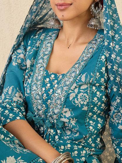 Ethnic Motifs Printed A Line Pleated Pure Cotton Kurta With Trousers & Dupatta