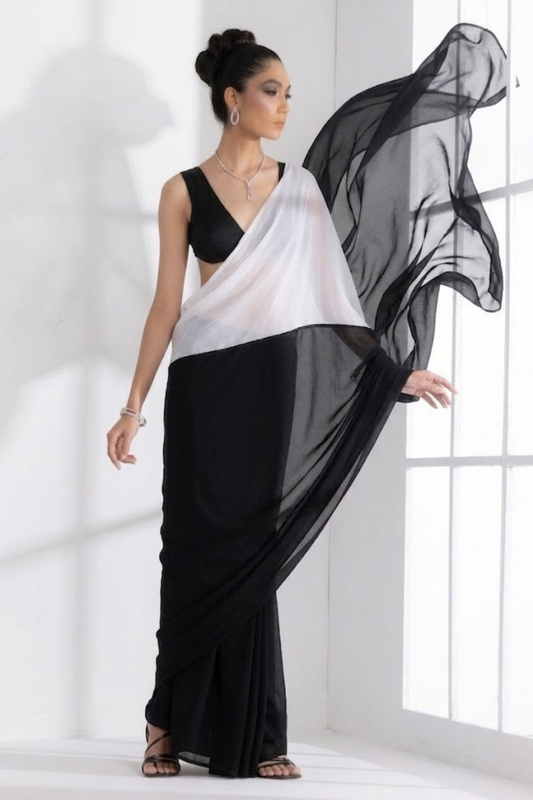 Dhiyona ST Black and White Georgette Triangle Saree with Blouse Fabric