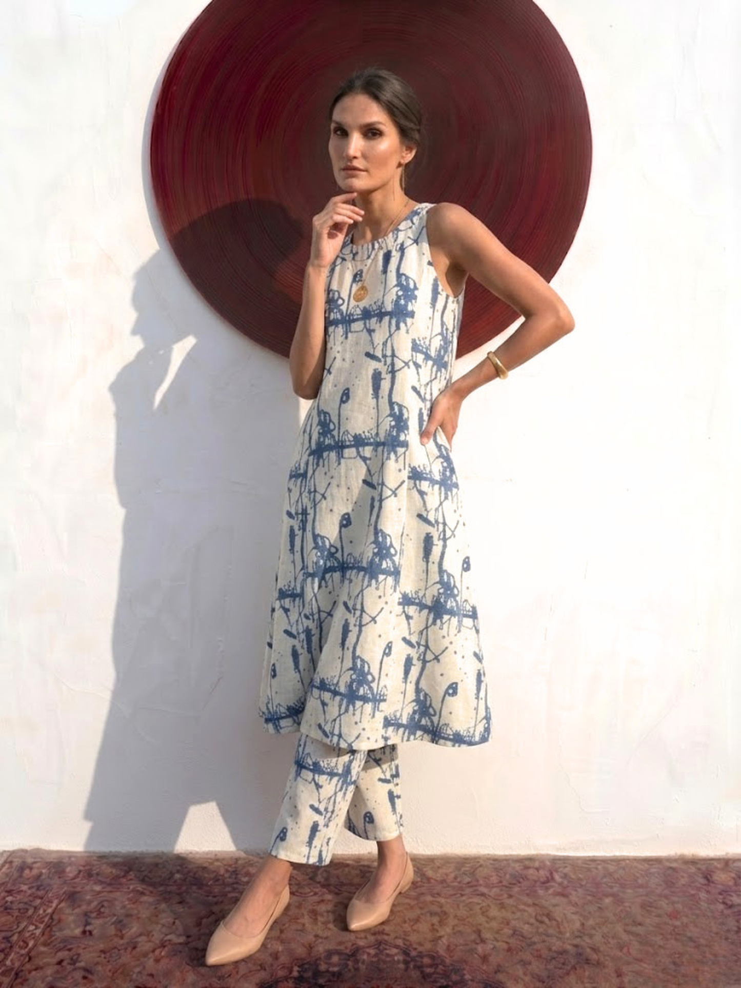 Dhiyona ST 2 pc SET - Cream and Blue Printed Linen Sleeveless Kurta and Pant