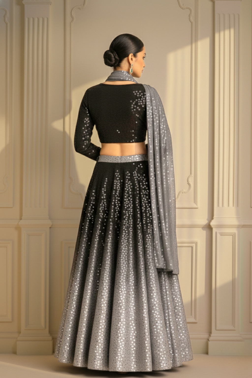 Dhiyona ST 3 pc Set - Black and Grey Ombre' Knitted Sequin Lehenga with Dupatta with Blouse Fabric