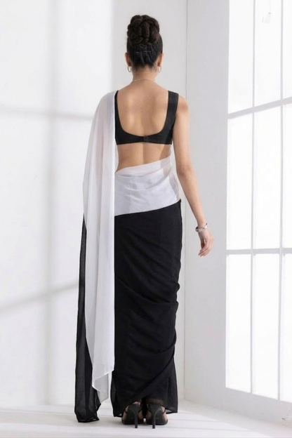 Dhiyona ST Black and White Georgette Triangle Saree with Blouse Fabric