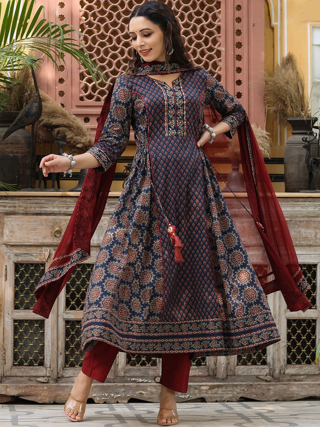 Dhiyona RR Women's Ethnic Motifs Printed Sequinned Pure Cotton Kurta Set