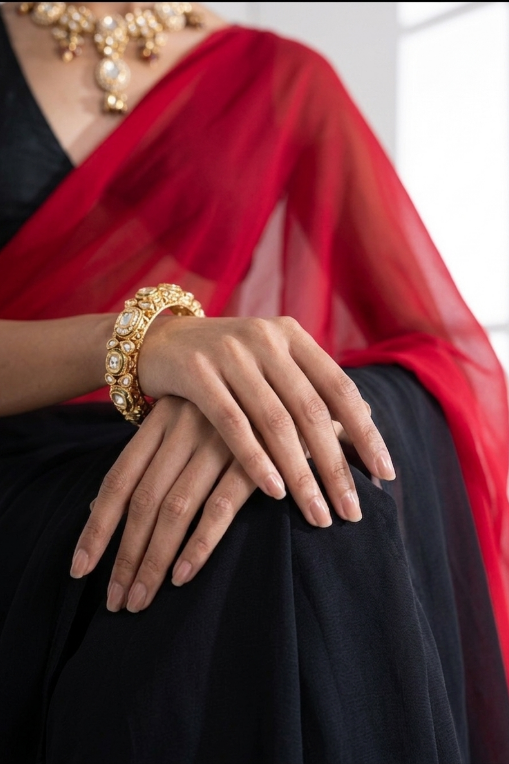 Dhiyona ST Black and Red Georgette Triangle Saree with Blouse Fabric