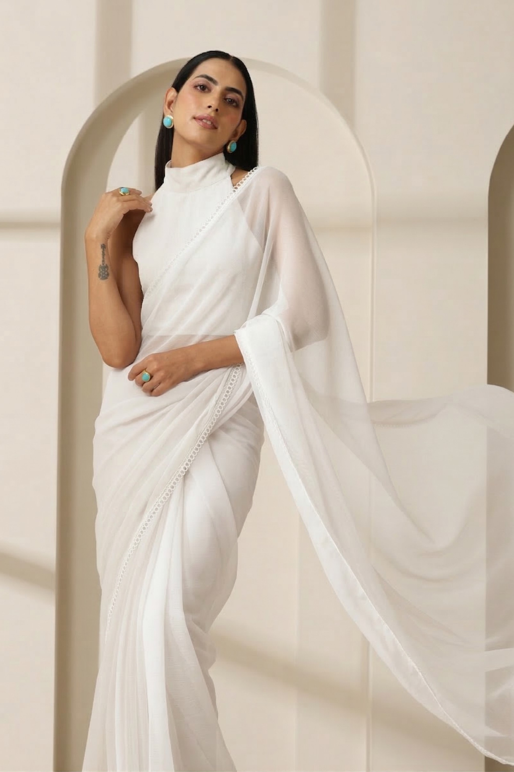 Dhiyona ST White Chiffon Saree with Lace and Blouse Fabric