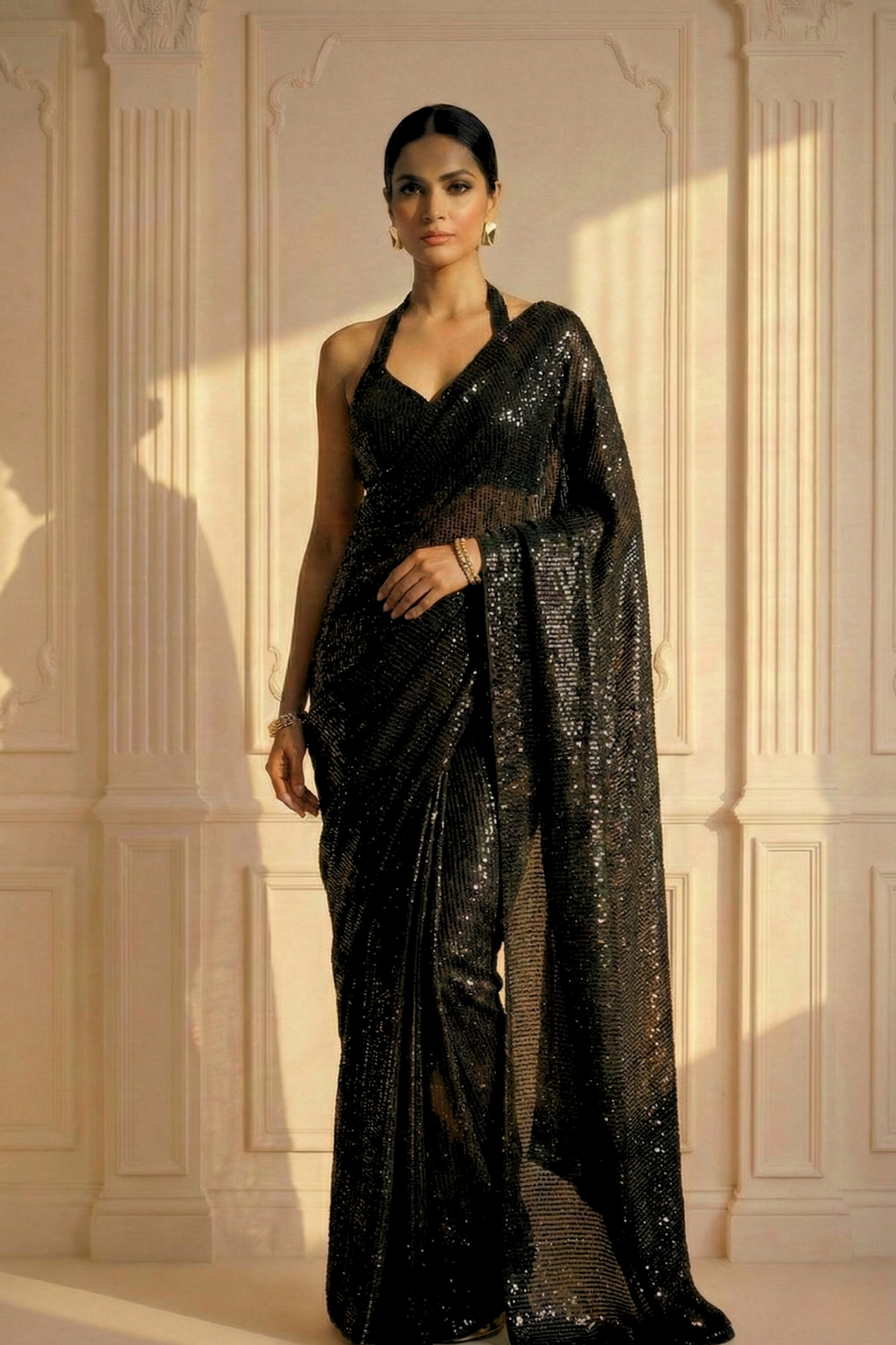 Dhiyona ST Black Muse Knitted Sequin Saree with Blouse Fabric