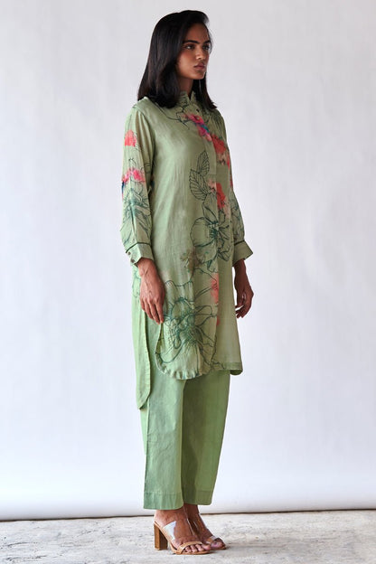 Women's Pistachio Floral Printed Bemberg Silk Co-ord Set