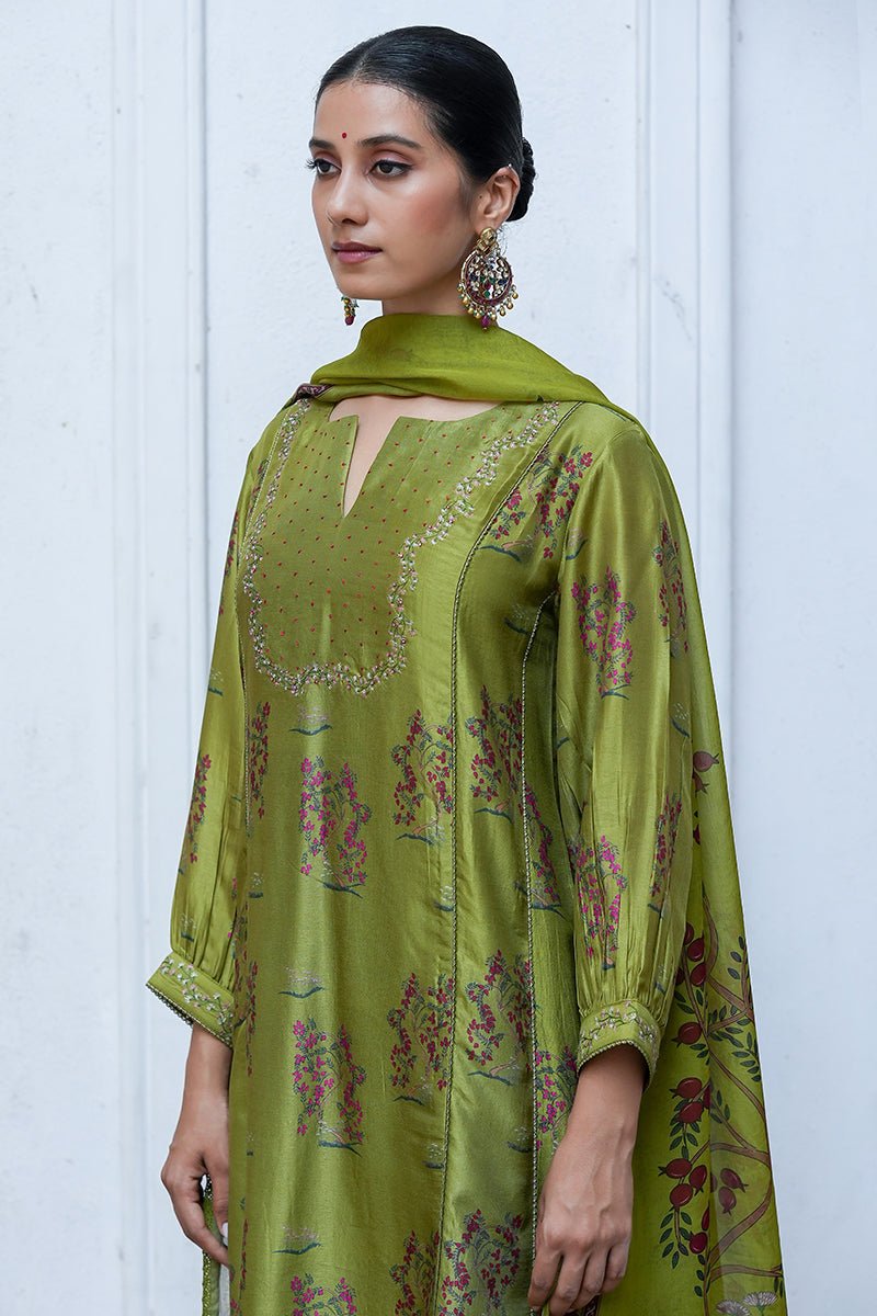 Women's Henna Green Raw Silk Salwar Suit With Organza Dupatta