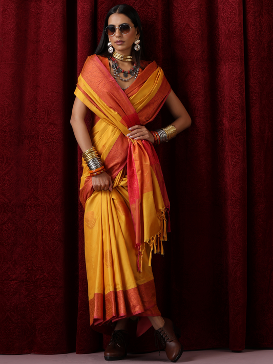 Dhiyona ST Yellow Red Blended Soft Silk Saree with Blouse Fabric