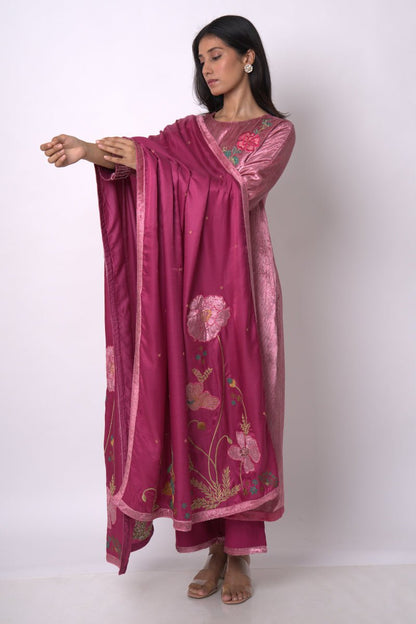 Women's Fushia Pink and Beige Silk Velvet Salwar Suit