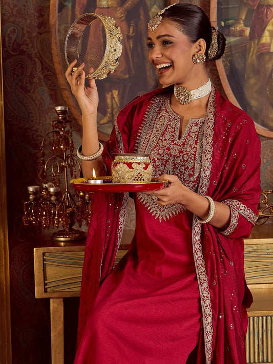 Dhiyona IE Women Paisley Embroidered Regular Kurta with Trousers & With Dupatta
